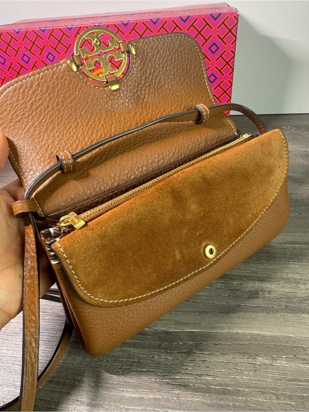 Tory Burch Miller Flap Chestnut Brown Leather Clutch Crossbody Gold Logo $300